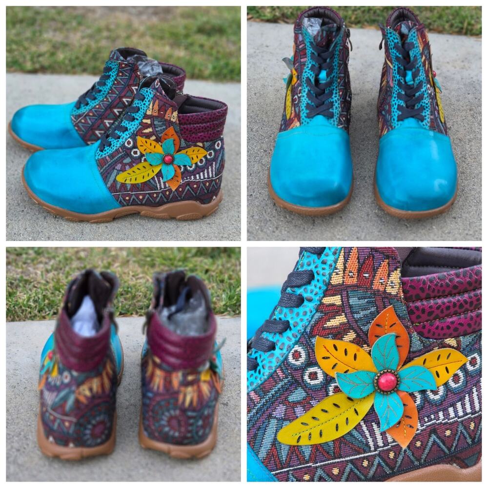 Vtg Handmade Leather Fabric Native Boho Floral Ankle Boots